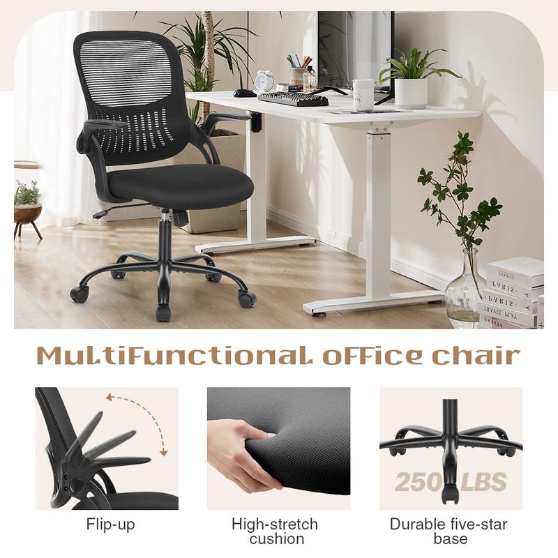 Home Office Chair, Mid Back Computer Ergonomic Mesh Desk with Larger Seat, Executive Height Adjustable Swivel Task with Lumbar Support and Armrests