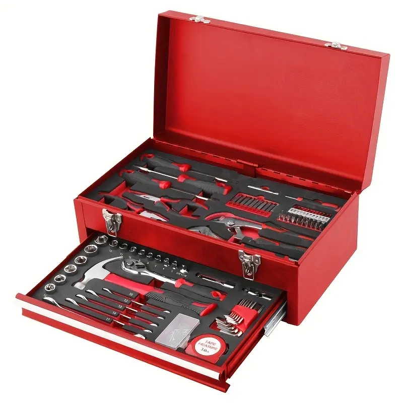 Metal Portable Tool Box repair kits with Power Cordless Drill ,Maintenance Tool Set, 156 Tools with Tool Chest, Red, EVA Mat Tray