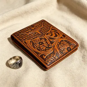 Western Cowboy Floral Embossed Genuine Leather Wallet For Men,Ox Head Embossed Leather Short Bifold Wallet, Ideal Gifts For Father, Grandfather And Husband For Father's Day
