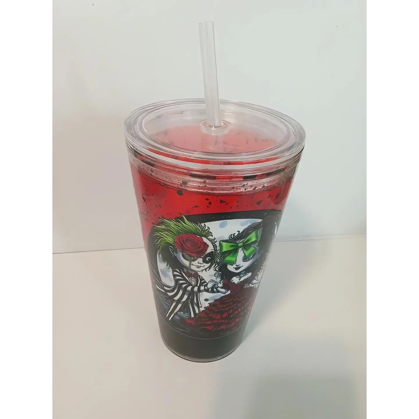 Cute 16 oz Acrylic Halloween Snowglobe Cup Lava Black Lava and Red with Straw