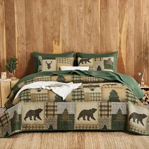 Rustic Quilt Set, Cabin Country Christmas Bear Deer Wildlife Plaid Lodge Western Theme, Reversible Lightweight Bedspread Coverlet, 3 Pieces, Green Brown, Q