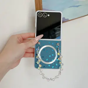 Silver Color Bow Heart CD Pattern Magnetic Beads Chain Flip Phone Case, Full Protection for Samsung Zflip3/4/5/6/7