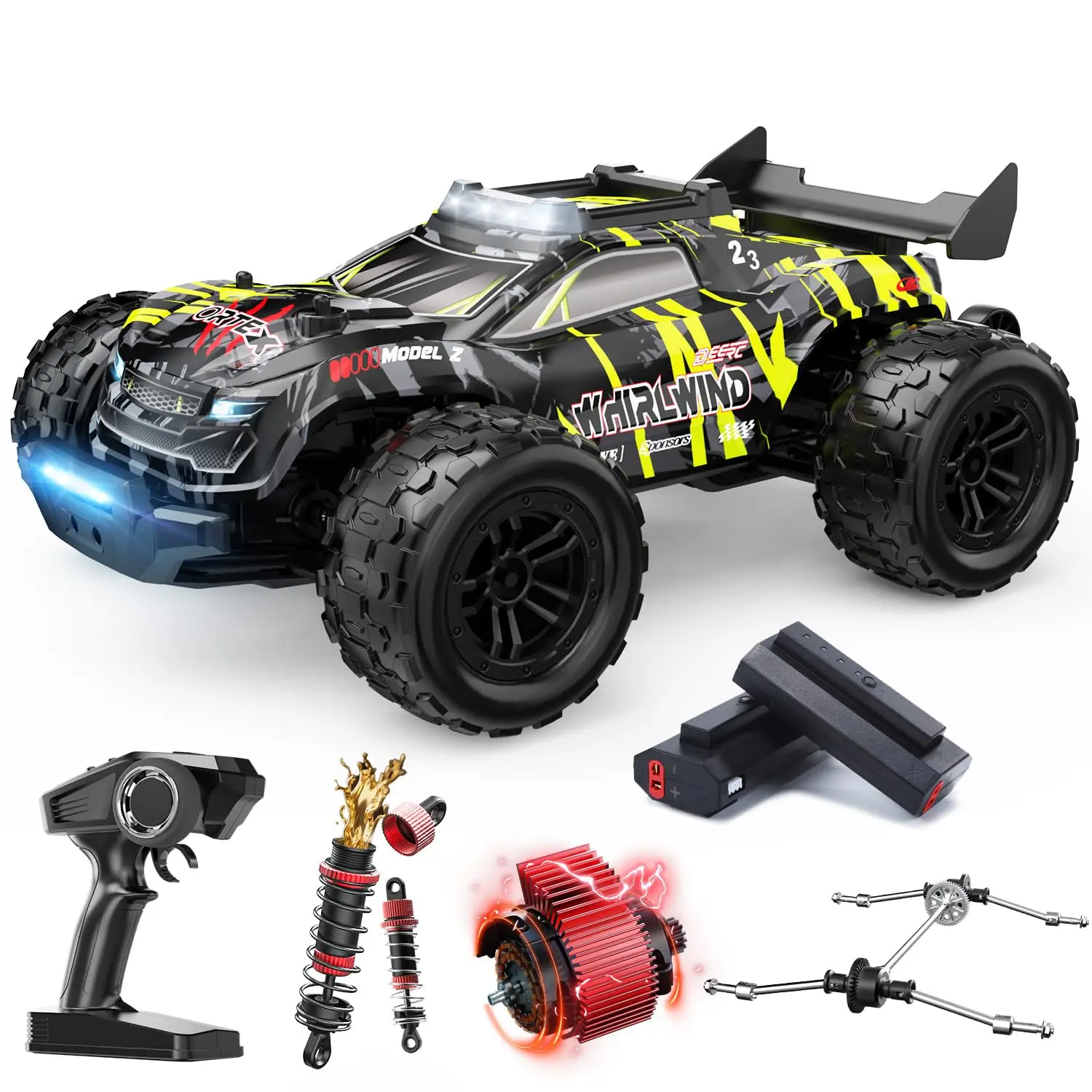 DEERC Brushless RC Car for Adults 1:14, 50KM/H Fast RC Truck, 4WD Off-Road Monster Truck with 7-Color Lights & 3 Light Modes, Metal Oil Shocks, 2 * 7.4V Batteries, All-Metal Drivetrain, Gift for Boys