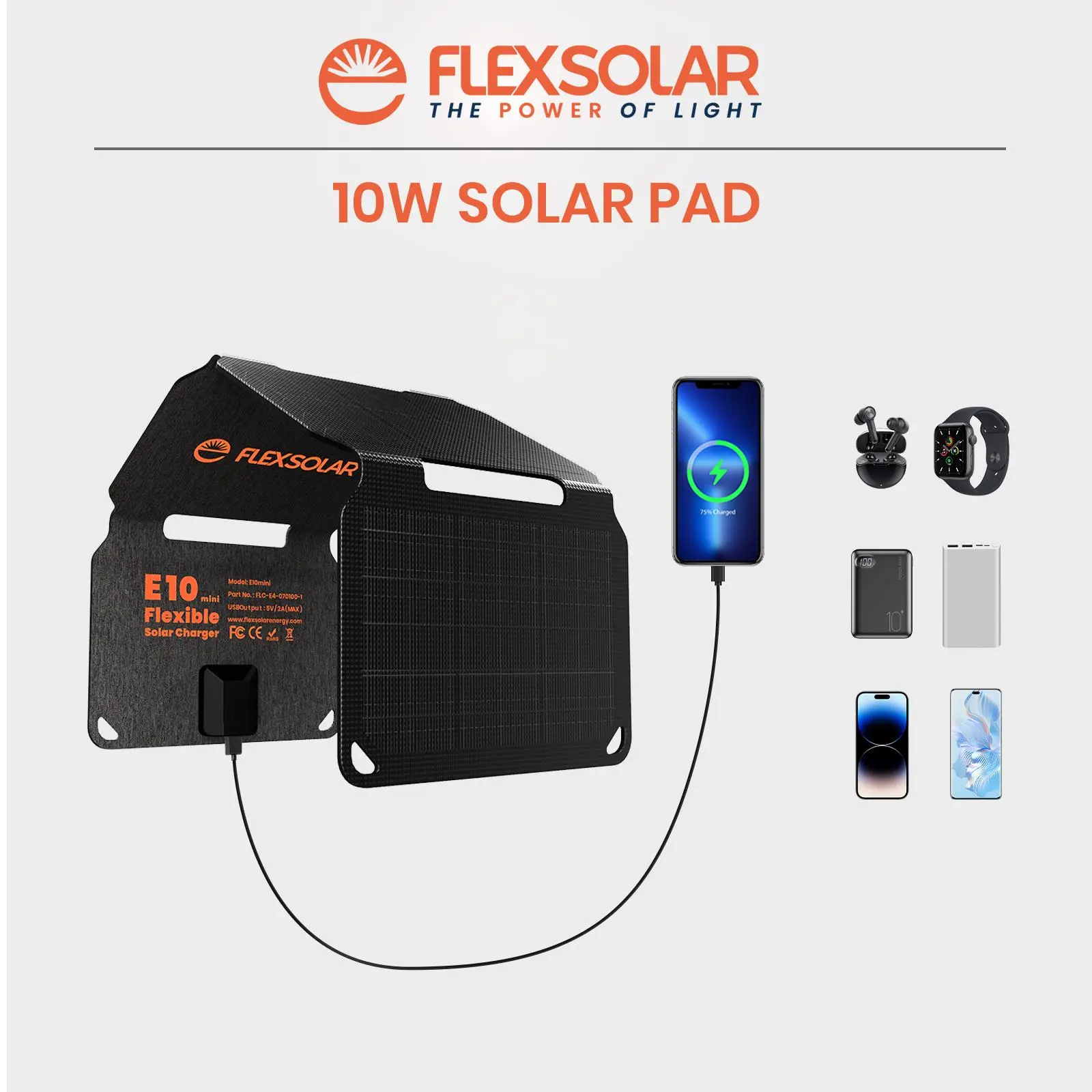 FlexSolar 10W Portable Solar Panel Charger – Foldable Monocrystalline Solar Panel, Lightweight Emergency Charger with USB-A Output, IP67 Waterproof & Durable, Ideal for Smartphones, Power Banks, Camping, Hiking & Travel