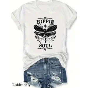 Women's Vintage Dragonfly & Letter Print Round Neck Tee, Casual Boho Shortsleeve T-shirt for Daily Wear, Ladies Summer Tshirt, Vintage Graphic Tees