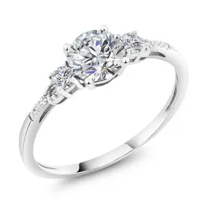 Gem Stone King 10K White Gold Lab Grown Diamond Engagement Ring For Women | 0.90 Cttw | Center Round 6MM | Gemstone April Birthstone | DEF Color | VVS-VS Clarity