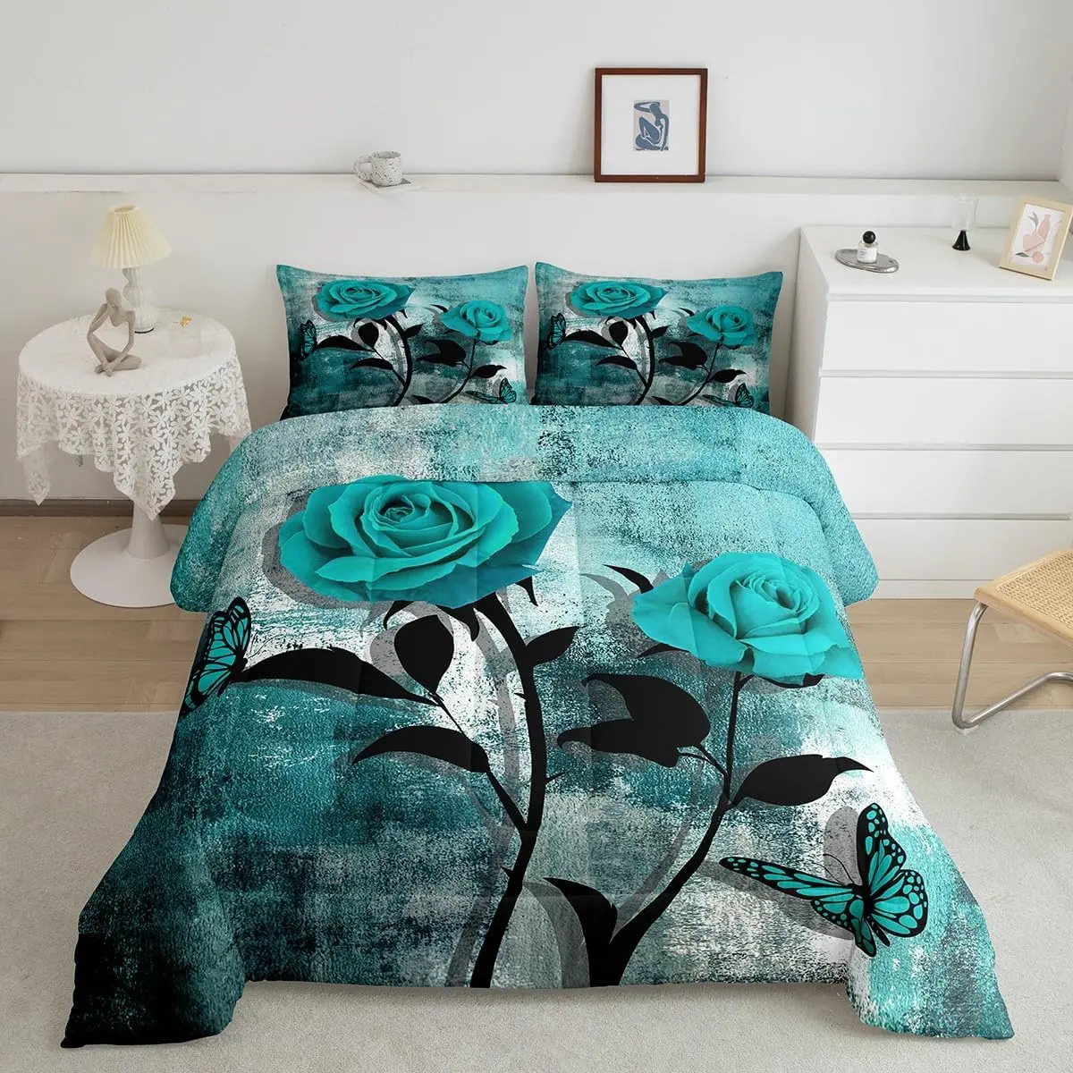 Feelyou Teal Blue Turquoise Ombre Rose Bedspread Set - Grunge Art Multi-Size Travel-Friendly Bedding, Watercolor Duvet Insert, Vintage Decorative Bed Comforter Linens, Bedding Set