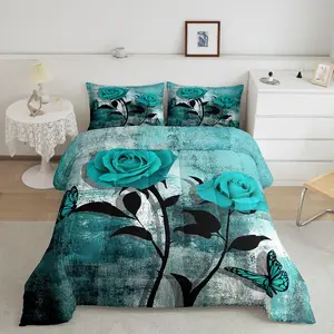 Teal Blue Comforter Set,Turquoise Ombre Rose Bedding Set,Grunge Watercolor Duvet Insert,Vintage Contemporary Artwork Quilt Comforter