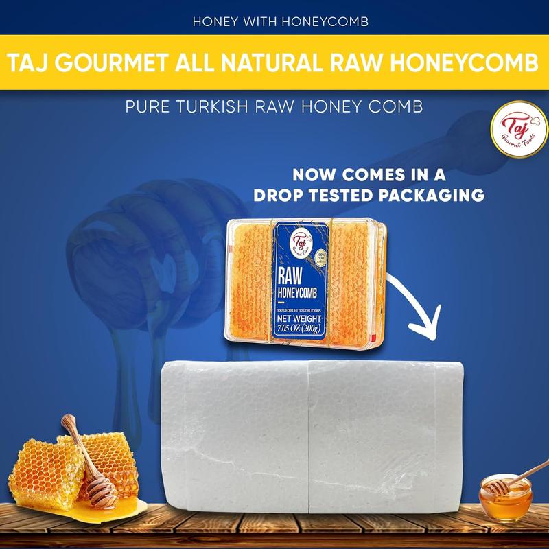 Taj Gourmet All Natural Raw Honeycomb Honey Pure Turkish Raw Honey Comb -All Natural Edible Honey Combs Raw Edible - Perfect For Healthy Smoothies Honey With Honeycomb, 200g (7.05oz)