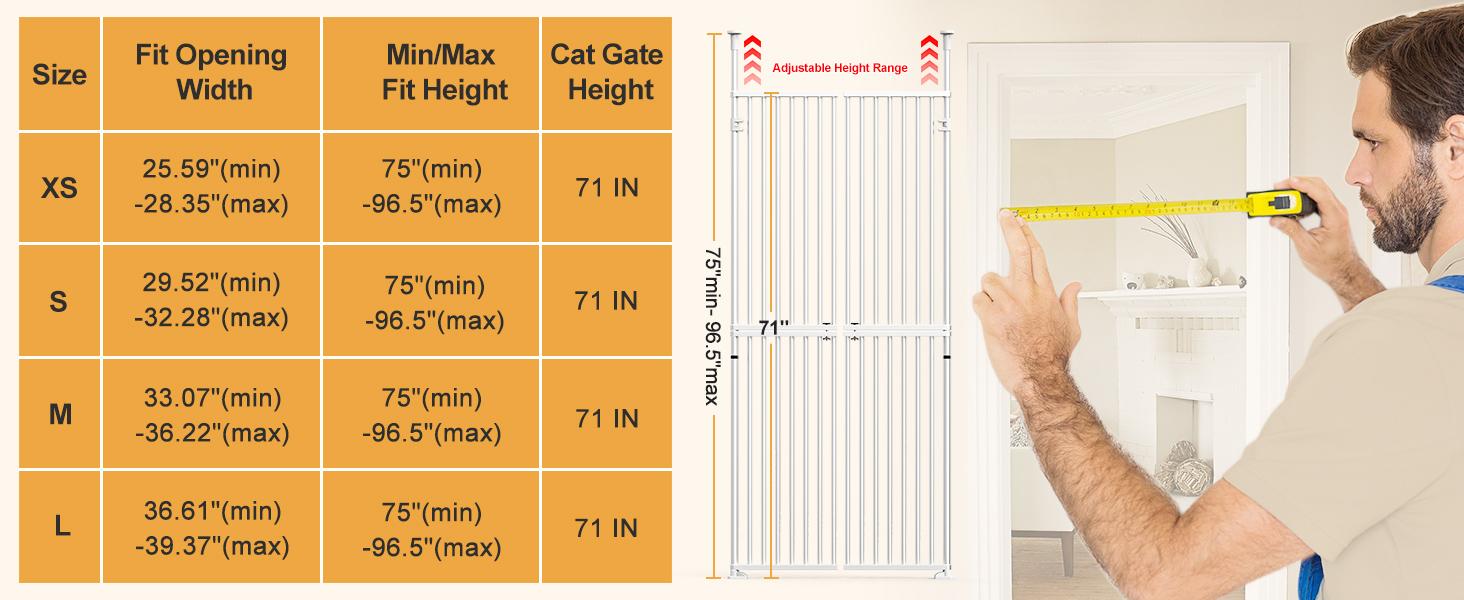 Naudacaa 76" Extra Tall Cat Gate for Doorway, 37.4"-40.5" Adjustable Wide, No Drilling Pressure Mounted Double Doors for Stairs/Hallways/House, 1.25" Narrower Bar Spacing