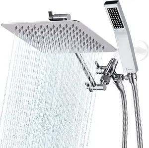 All Metal 8 Inch Dual Square Shower Head with Handheld Spray Combo, Rain Shower Head, Adjustable Extension Arm, Smooth 3-Way Diverter, 71 Inch Extra Long Hose - A Bathroom Upgrade (Chrome)