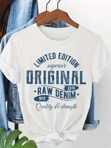 Plus Size - Plus Size - Limited Edition Original Raw Denim 1973 Graphic Tees for Curvy - Plus Size Vintage Denim T-Shirt for Women with Casual Short Sleeves And Crewneck