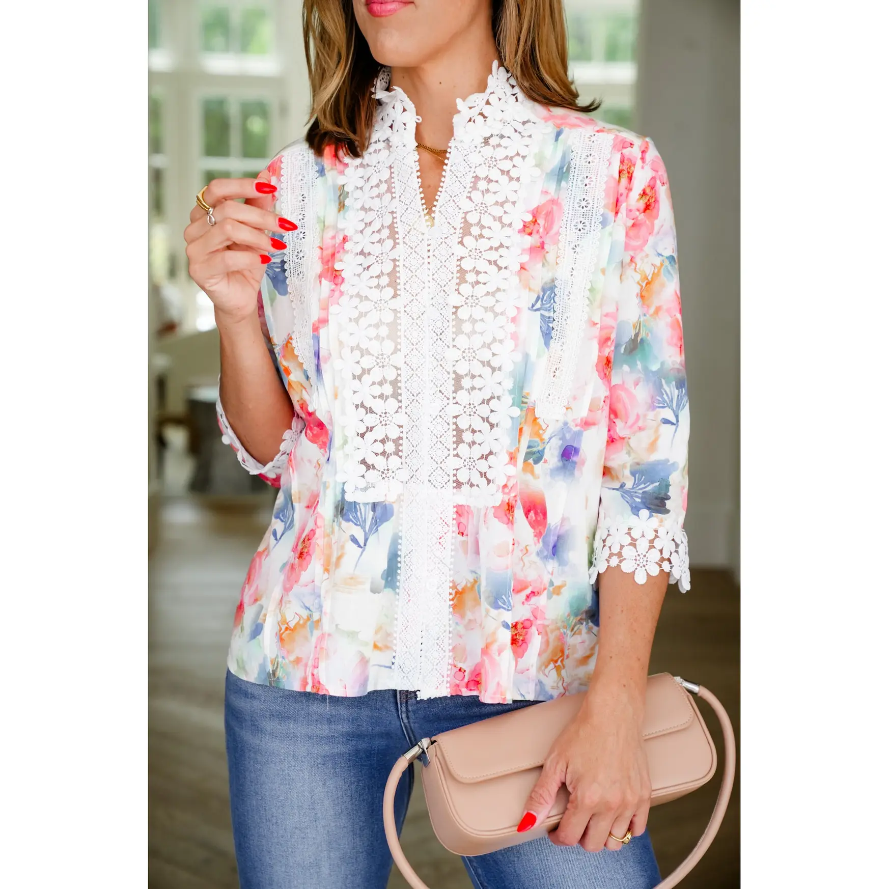 Plus/Reg FP X POL Cream Floral Button Down Top with Lace