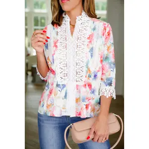 Plus/Reg FP X POL Cream Floral Button Down Top with Lace