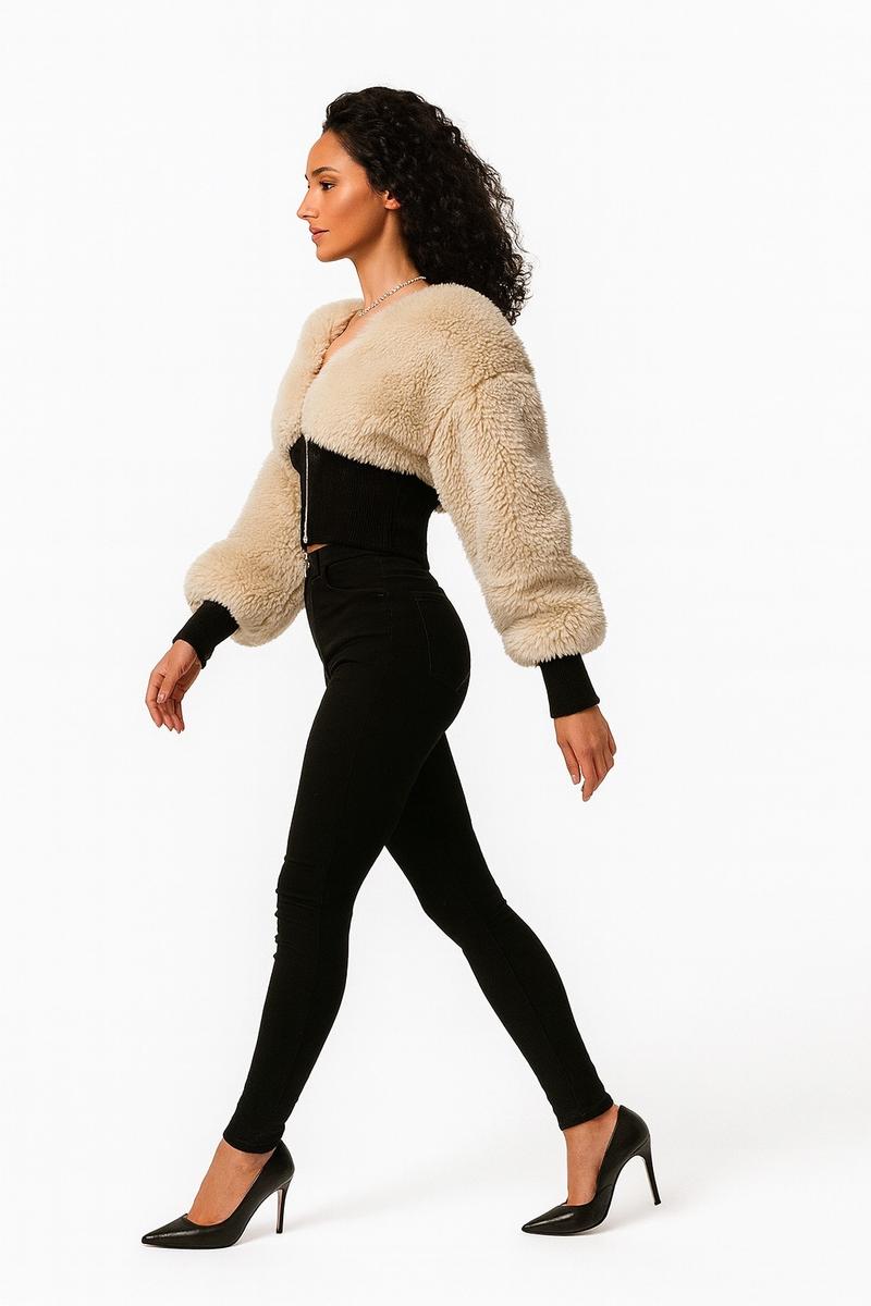 Women's Fashion Spliced Wool Short Jacket Comfortable Long Sleeve Style Outerwear Polyester Casual Thick Garment Womenswear Coats Soft Tops