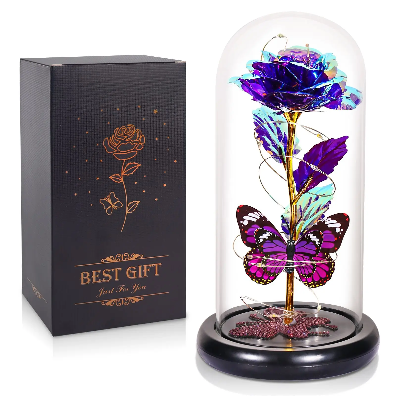 DEEMEI Memorial Day Gift Eternal Rose Flower Led Light Up Rose in Glass Dome with Butterfly for Mom Girlfriend Boyfriend Daughter Birthday Anniversary