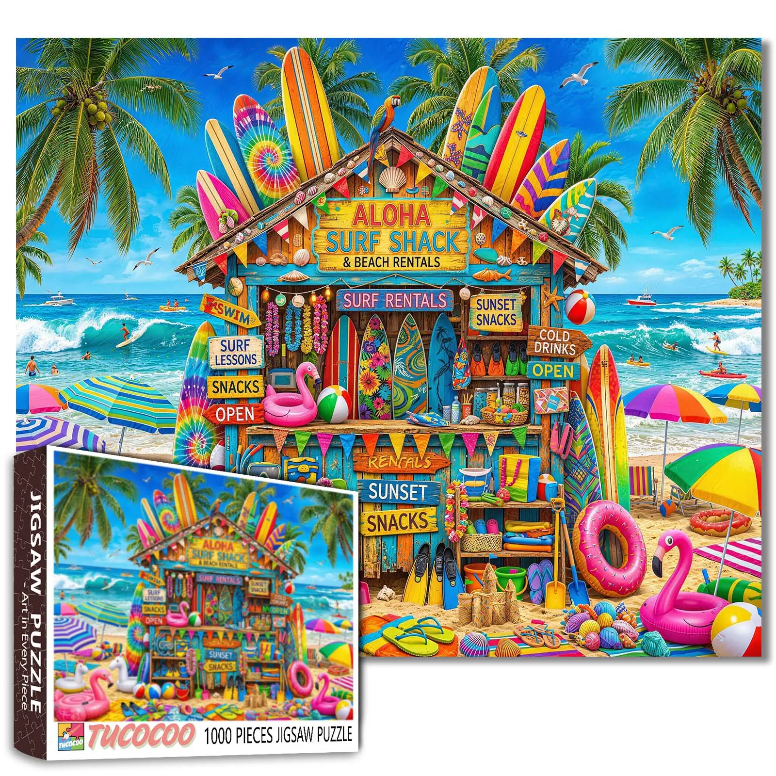 Tucocoo 1000-Piece Aloha Surf Shack Beach Jigsaw Puzzle for Adults - Colorful Tropical Seaside Shop Scene with Surfboards, Ocean View, Vibrant Summer Design, Relaxing Family Game, Stress Relief, Brain Games, Wall Decor Gift (27.5x20in/70x50cm), Jigsawpuzz