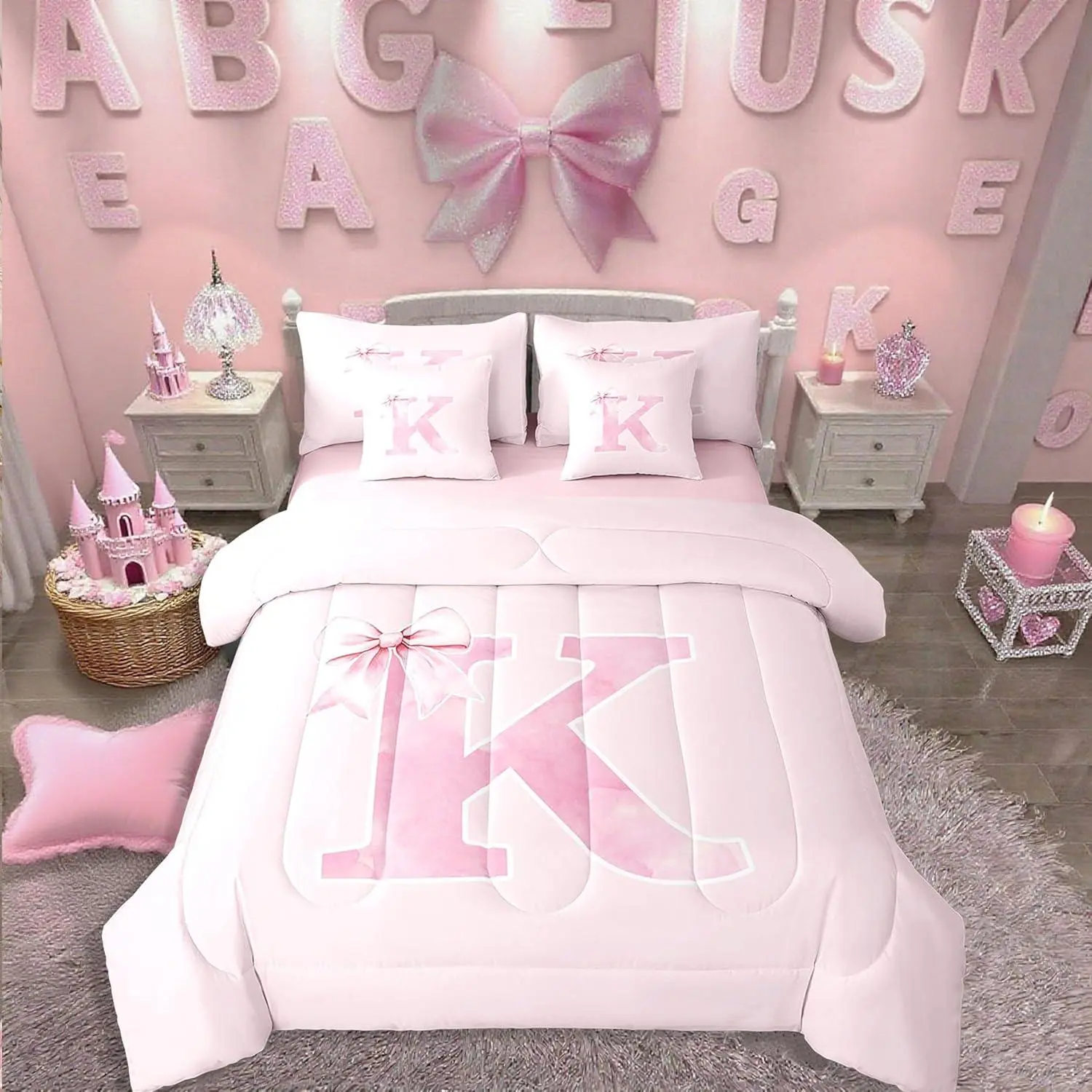 7 Pieces Pink Bow Bedding Set,Personalized Monogrammed Comforter Set,Gifts for Women Teen Girls,Initial Letter K Bed in a Bag,Bowknot Initial Birthday Gifts Bedroom Room Decor(K)