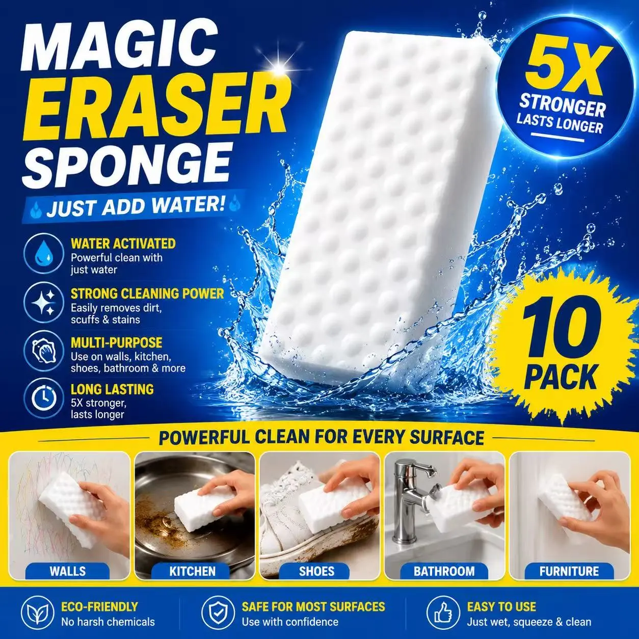 Magic Sponge Eraser - 10-Pack Nano Cleaning Foam, Multi-Surface Home Care Sponge for Household, Shoe Cleaning