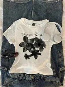 Coquette Summer Garden Black Floral Graphic Baby Tee | Ultra Soft Stretchy Cotton | Viral TikTok Y2K Aesthetic | Grunge Fairycore Streetwear | Casual Summer Daily Outfit for Women Teens | Trendy Cropped Fitted Short Sleeve Round Neck T-Shirt