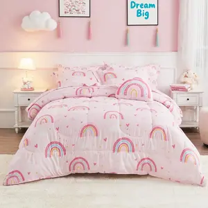 Bed in a Bag for Kids Girls Teens, 6 Pieces Twin Size Comforter Bed Set with Shams, Sheet Set and Decorative Toy Pillow, Rainbow Pink Super Soft Microfiber Kids Comforter Bedding Set