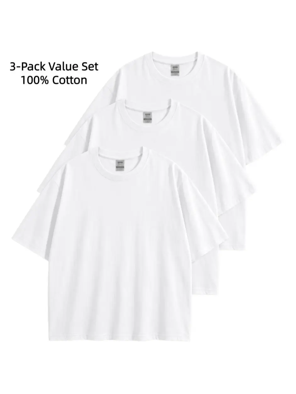 Men's 3-Pack 100% Pure Cotton Heavyweight Plain White Oversized Crew Neck Short-Sleeve T-Shirts - Breathable, Soft, Loose-Fit Basic Blank Tops for DIY Printing, Layering tee