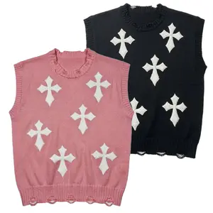 HYPESTFIT 2-pack Men's Cross-Terry Embroidery Crew Neck Frayed Edge Knitted Vest Street Style Sleeveless Sweater Distressed Hem Casual Loose Fit