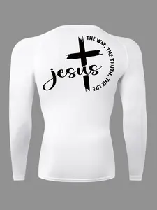 Jesus Cross Letter Print Long Sleeve Compression Shirt for Men, Athletic Sports Clothing, Spring & Fall Gym Running Workout Baselayers Undershirts Tops, Quick-Dry Breathable Sportswear