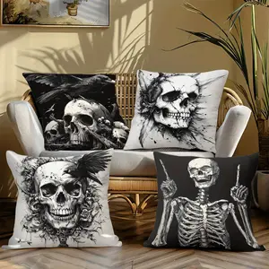 4pcs Halloween Skull Cushion Covers, Digital Print Zippered Pillowcases, Home Decor Sofa Car Outdoor Seat Cushions 45x45cm (17.72x17.72 Inch), Set of 4