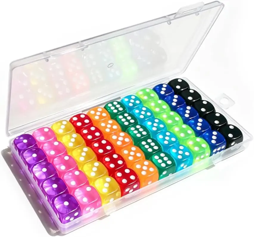 50 Pieces Colored 6 Sided 14mm Dice with White Color Pips for Board Games, Teaching, Learning, Rolling, Group Event, 10