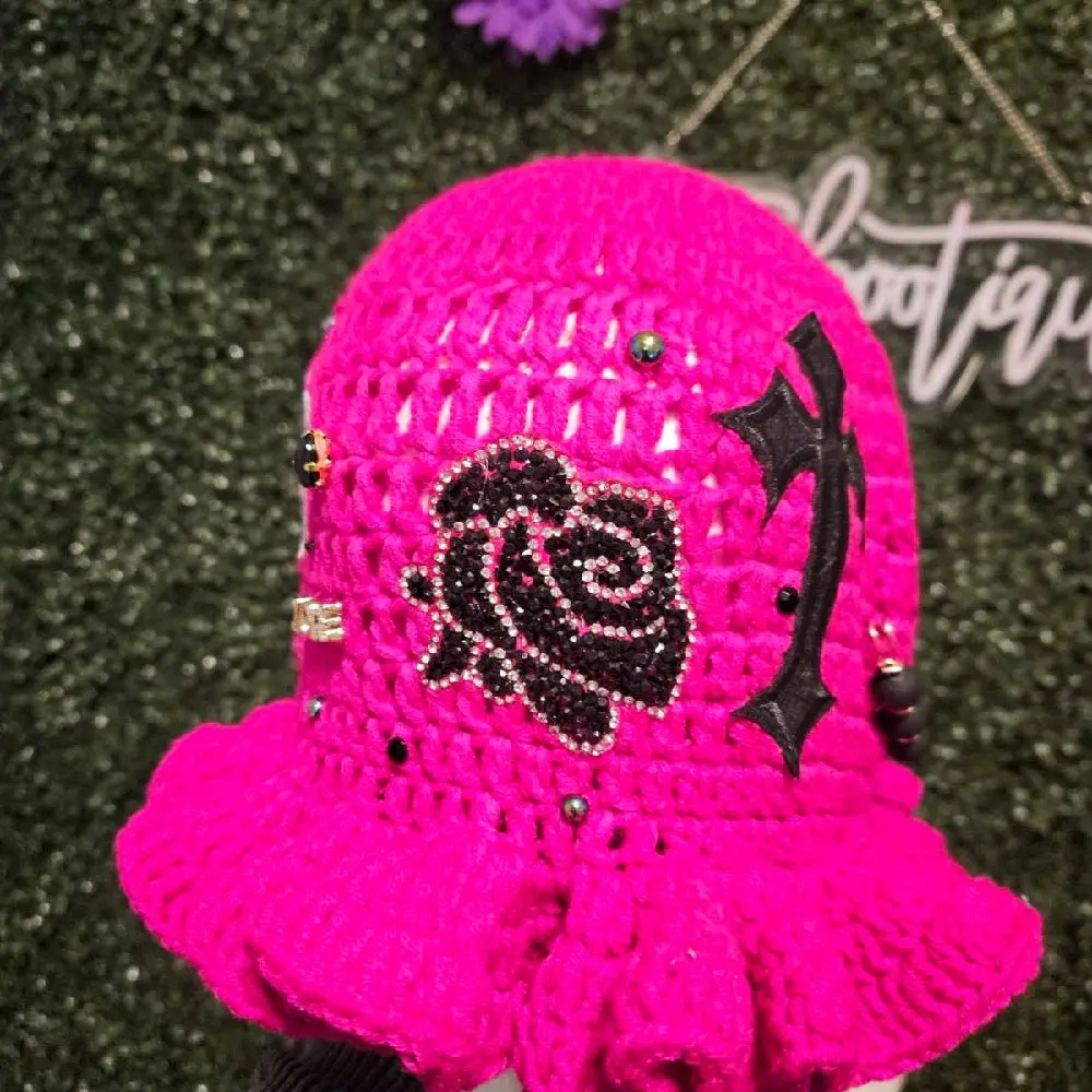 Pink Junk Crochet Bucket Hat with Rose Design and Rhinestone Accents for Stylish Outfits
