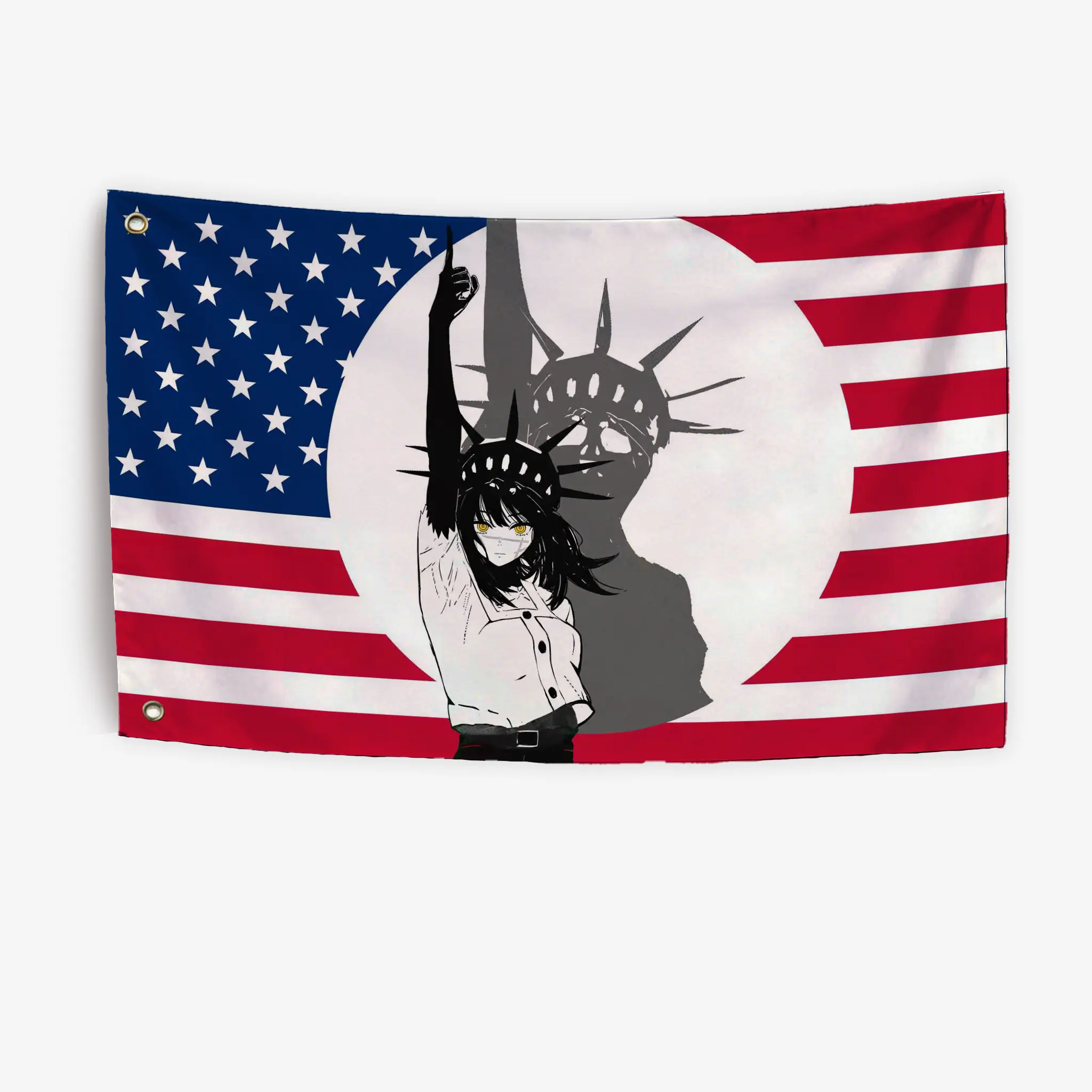 Chainsaw Man anime Yoru Statue of Liberty silhouette banner, outdoor decorative flag, garage flag, tapestry. Modern Stripe Design