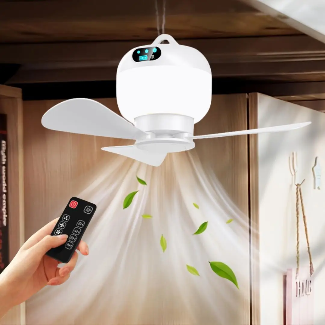 Portable Usb Rechargeable Fan Light, Remote Control Hanging Fan with Led Light, Lighting Hanging Fan for Outdoor Camping, White Led, Adjustable Lighti