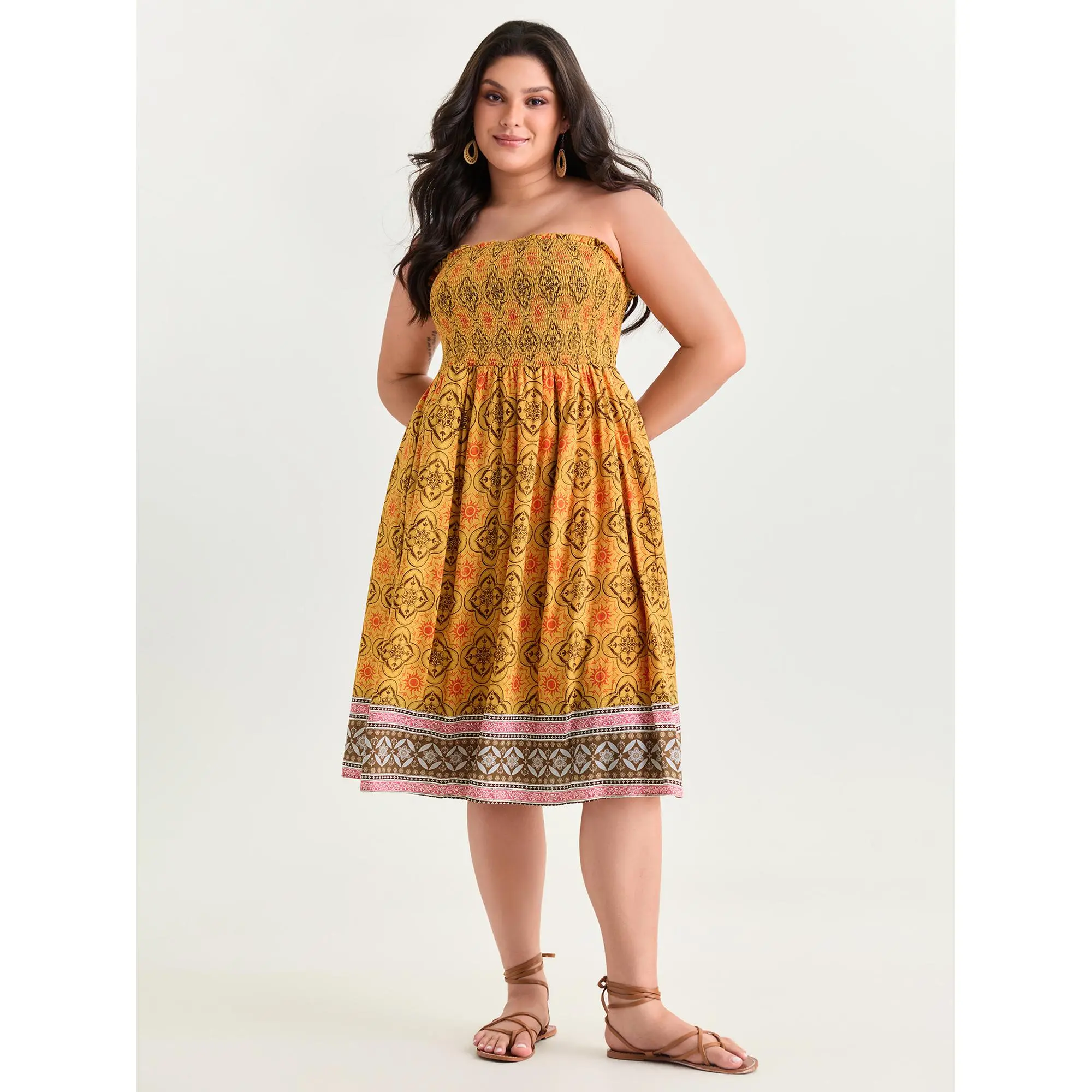 BloomChic Plus Size Boho Midi Dress in Rayon, Sleeveless Casual Garment with an Ethnic Print, Smocked Bodice, Pocket and a Flattering Cut, Turmeric, Boho Style Outfit, Midi Length, Rayon Shell