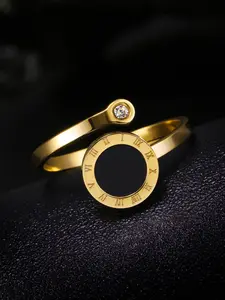 Contemporary Gold-Tone Roman Numeral Spinner Ring, Statement Ring, Premium Stainless Steel with Black Enamel & Crystal, Timeless Open Design Jewellery for Women