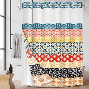 1PC 2D Flat Boho Geometric Shower Curtain, Vintage Warm Tone Stripe Patchwork Design, Waterproof & Detachable Liner, Bathroom Curtain (No Hooks)