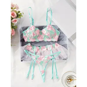 Sexy Lingerie 3 Piece Lace Floral Embroidery Bra And Brief Skirts Set for Sex Naughty Y2k Fairy See Through Garter Suit