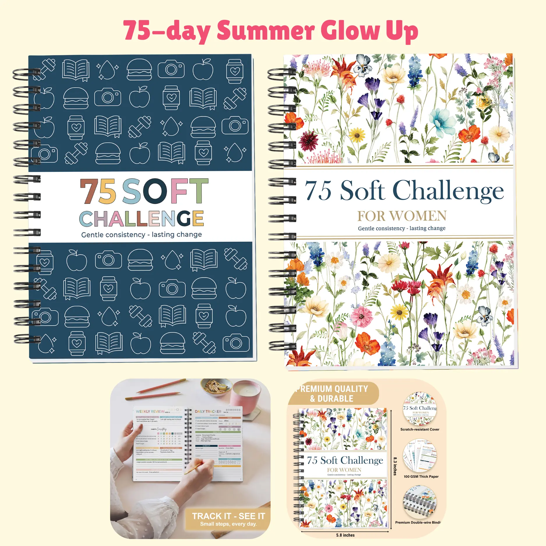 KyleRay 75 Soft Challenge Productivity Planner (2026 Edition) - Summer Daily Habit Tracker, Weekly Reviews, Check-Ins, Certificate for Women, Men - Office Personal Organiser
