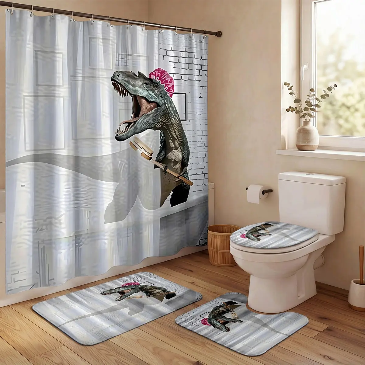4Pcs Shower Curtain Set Dinosaur, Toothbrush, Brick Wall, Bathroom Sets with Rugs Christmas Eve, Bathroom Decor Funny Dinosaur With Toothbrush And Brick Wall For Festive Christmastime Bathroom Style Bathroom Curtains Shower Set