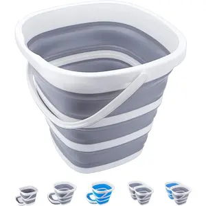 Collapsible 10L (2.6 Gallon) Portable Folding Plastic Bucket Space Saving Grey Square for Cleaning Mop Outdoor Garden Camping Fishing Car Wash