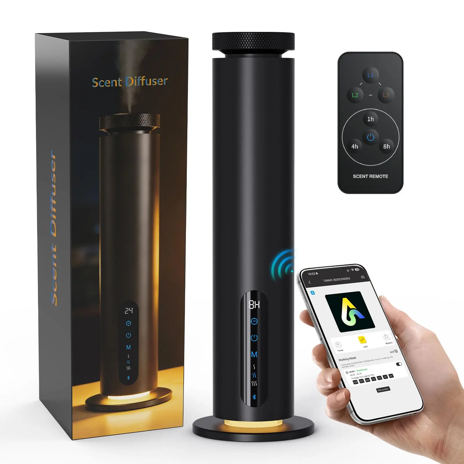 Waterless Essential Oil Diffuser, 1000 Sq.Ft Coverage, Smart App & Remote Control Scent Machine, 3 Color Ambient Lights, Adjustable Mist, Quiet Aromatherapy Diffuser for Home Large Room Hotel, Black