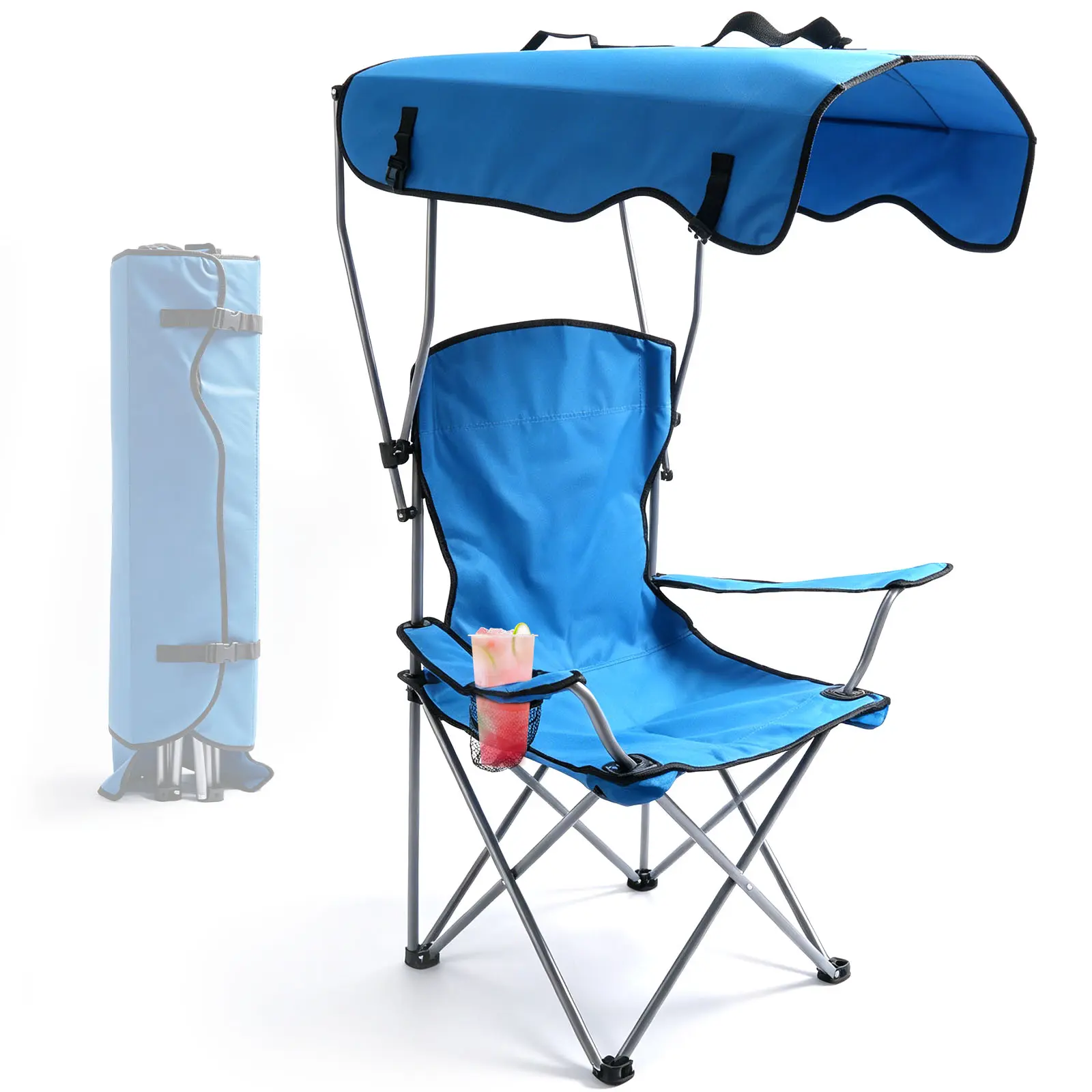 Portable Camping Chairs with Canopy, Heavy Duty Outdoor Folding Chairs with Shade, Chair for Beach Fishing Lawn Picnic Sports, Blue