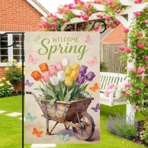 Welcome Spring Tulip Garden Flag, Floral Wheelbarrow Yard Flag, Butterfly Outdoor Decor 12*18inch