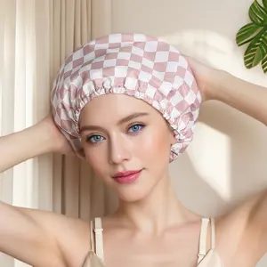 Fashion Satin Lined Luxury Shower Cap - Checker - Stylish Design for a Luxurious Shower Experience Adjustable Waterproof