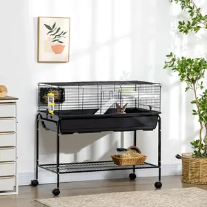 Black Two Story Small Animal Cage Detachable From Stand With Wheels For Bedroom Hedgehog Indoor Habitat