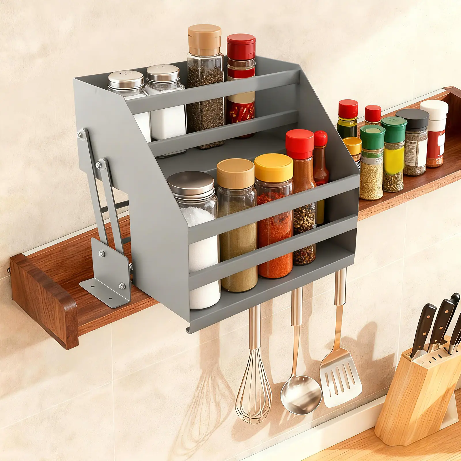 2 Tier Pull Down Cabinet Organizer Gray Iron Electrostatic Spraying Hardware Max 10KG Load Drill Mount Built In Upper Cabinet Storage Rack Pull Out Organizer For Kitchen Spice Bottle Utensil Space Saving Organization