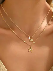 Women's Shell-Inspired Stainless Steel Necklace That Resists Fading, Adjustable Layered Necklace with Starfish and Shell-Shaped Imitation Pearl Pendants, Dainty Layering Jewelry, Perfect for Summer Beach Outings, Everyday Wear