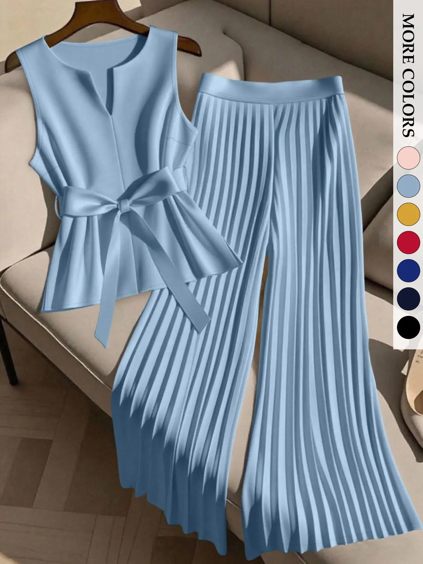 Women's Plus Size 2 Piece Set, Sleeveless V-Neck Peplum Top & Pleated Wide Leg Pants, Tie Waist Flowy Chic Elegant Office Wear, Summer Matching Outfit