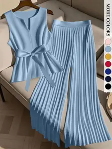 Women's Plus Size 2 Piece Outfits Sleeveless Peplum Top Pleated Wide Leg Pants Set Tie Waist V-Neck Plisse Flowy Elegant Office Workwear Trendy