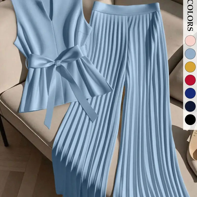 Women's Plus Size 2 Piece Set, Sleeveless V-Neck Peplum Top & Pleated Wide Leg Pants, Tie Waist Flowy Chic Elegant Office Wear, Summer Matching Outfit Clothes